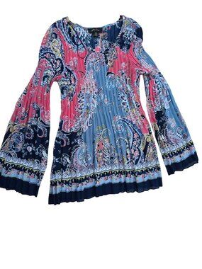 Melissa Paige Women's Paisley Bell Sleeve Pleated Multicolor Tunic Top Size M